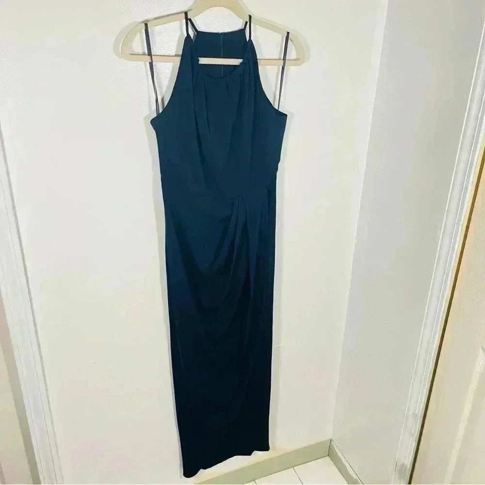 NWT Shona Joy High Neck Ruched Draped Maxi Dress Navy Blue